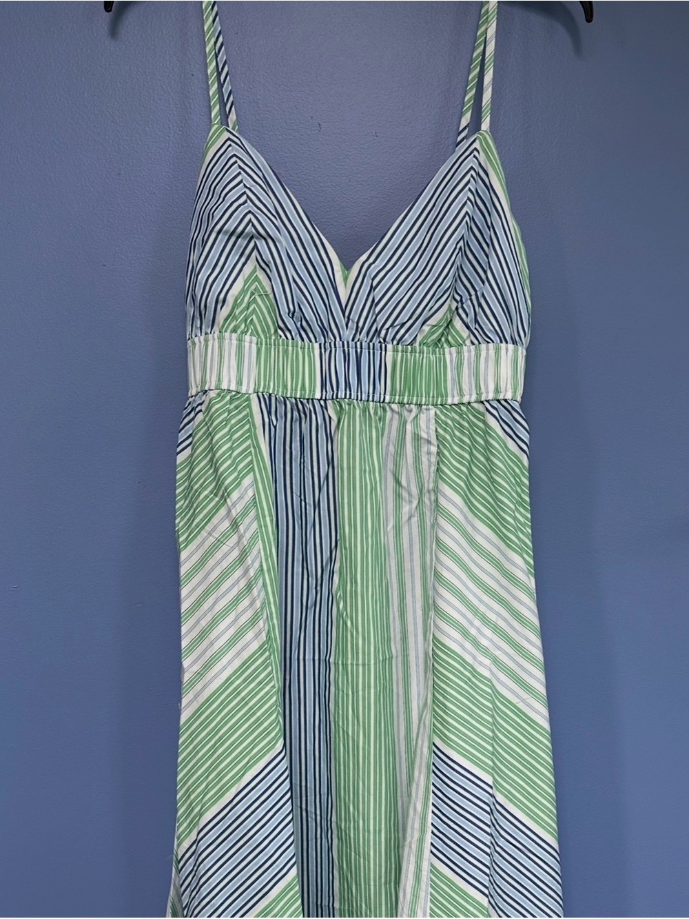 Striped Green & Blue Maxi Dress with V-Neck